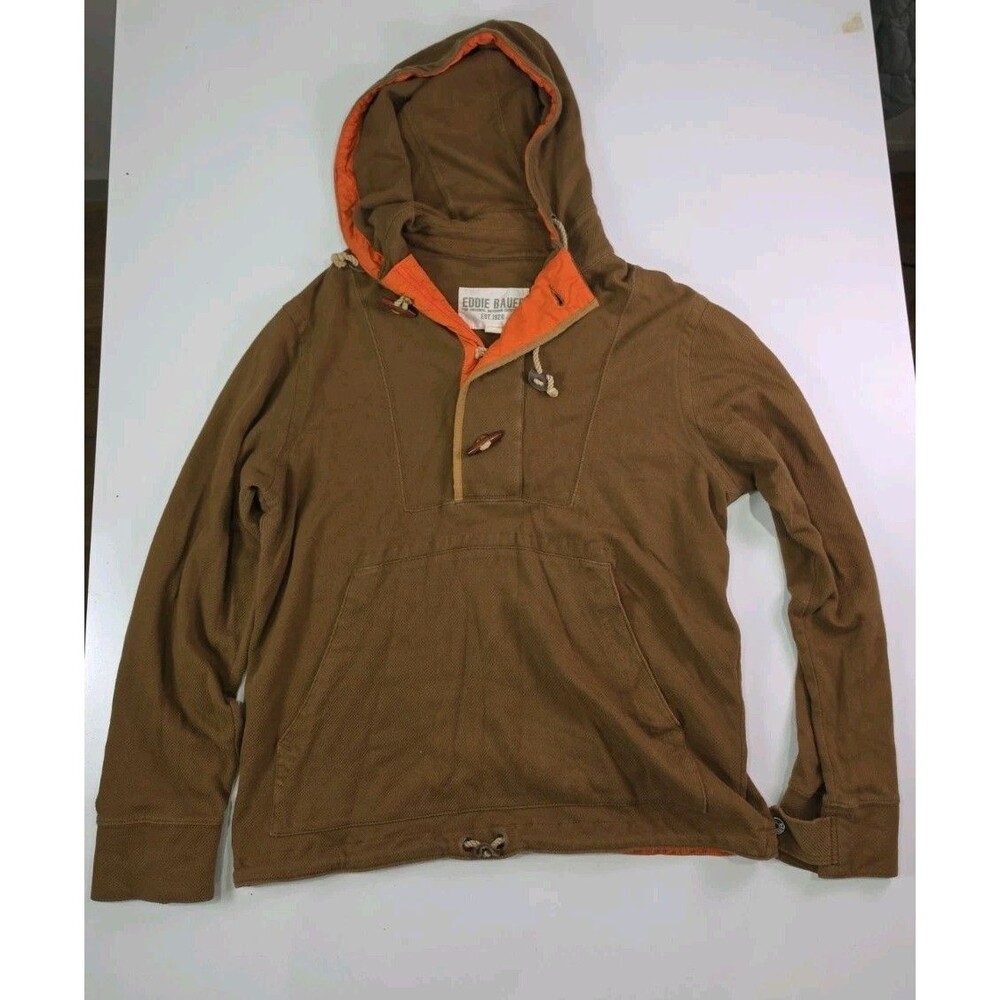 Eddie Bauer Men's L Brown Thick Twill Brown Toggle Corded Hoodie Sweatshirt